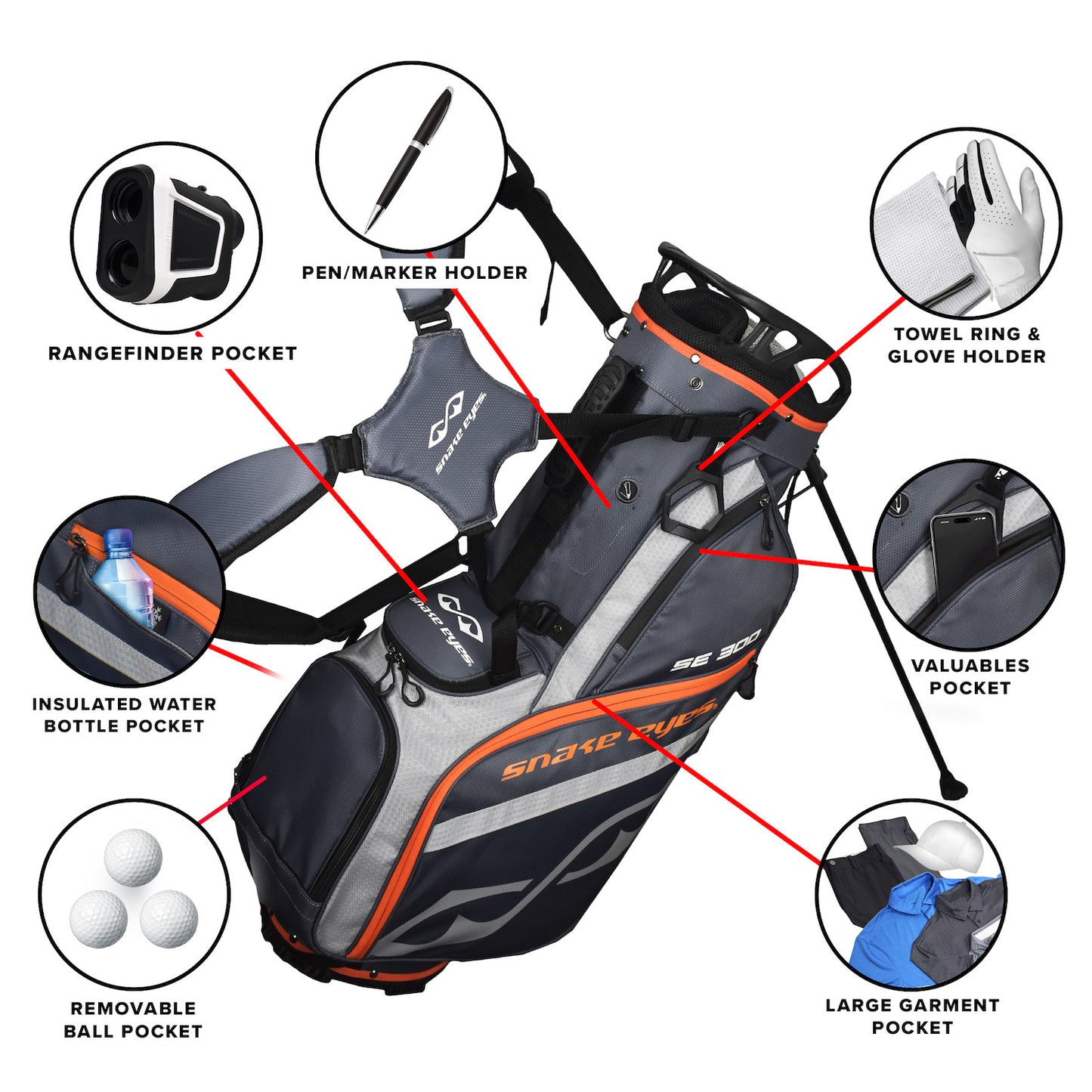 Snake Eyes SE300 Hybrid Stand Golf Bag 14 Way Divider Grey Orange