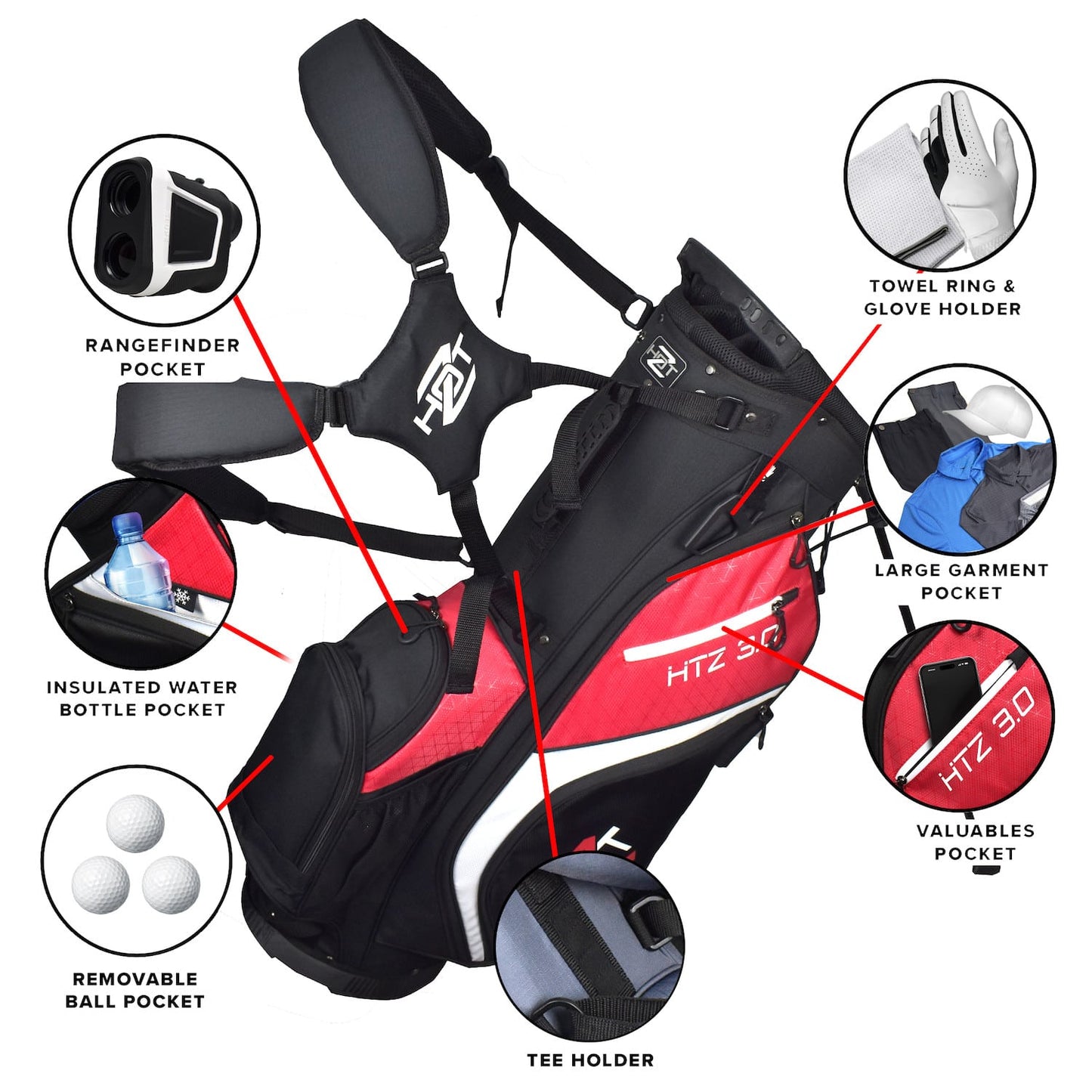 Hot Z 3.0 Golf Bag Stand Bag Black Red 14 Way Divider