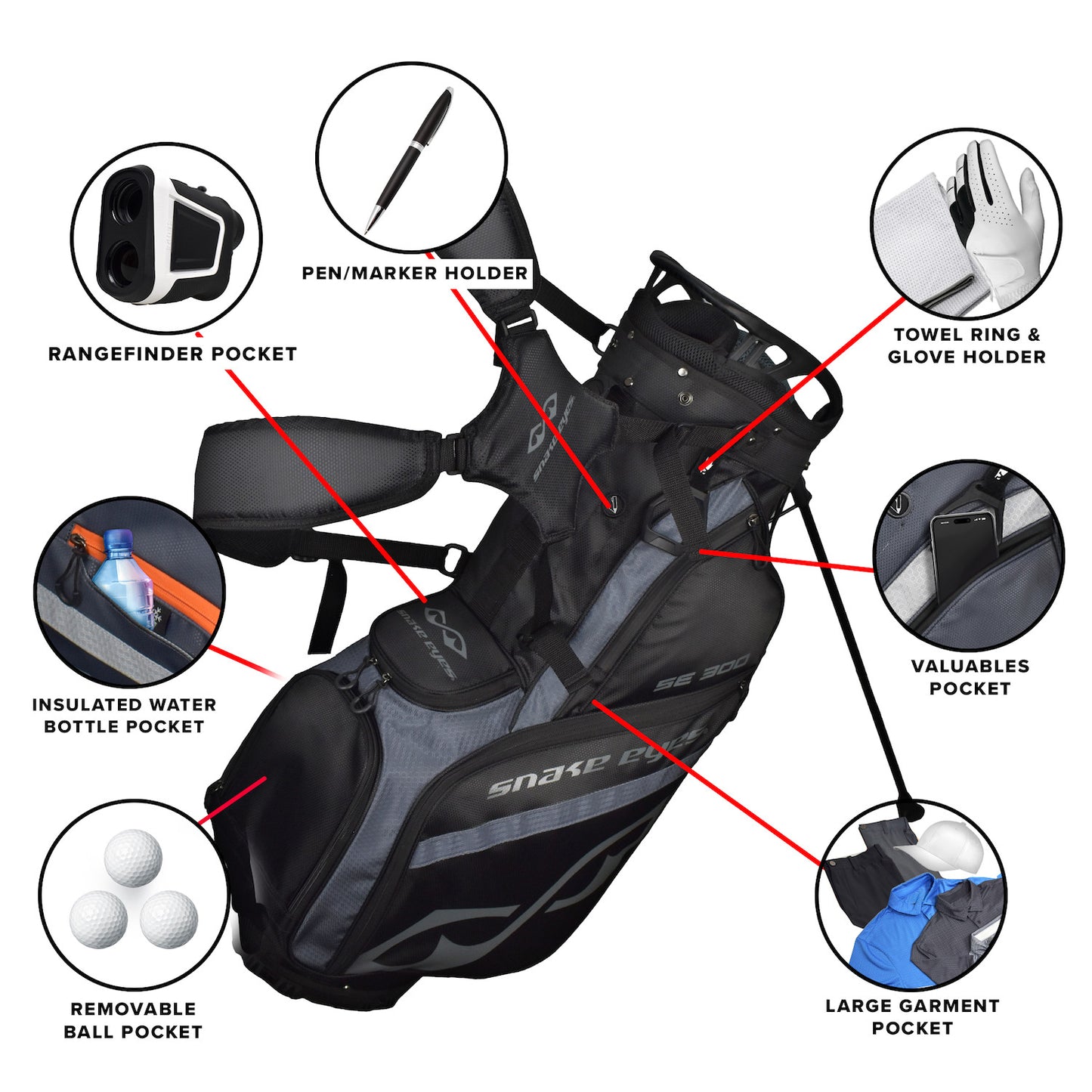 Snake Eyes SE300 Hybrid Stand Golf Bag 14 Way Divider Black Grey