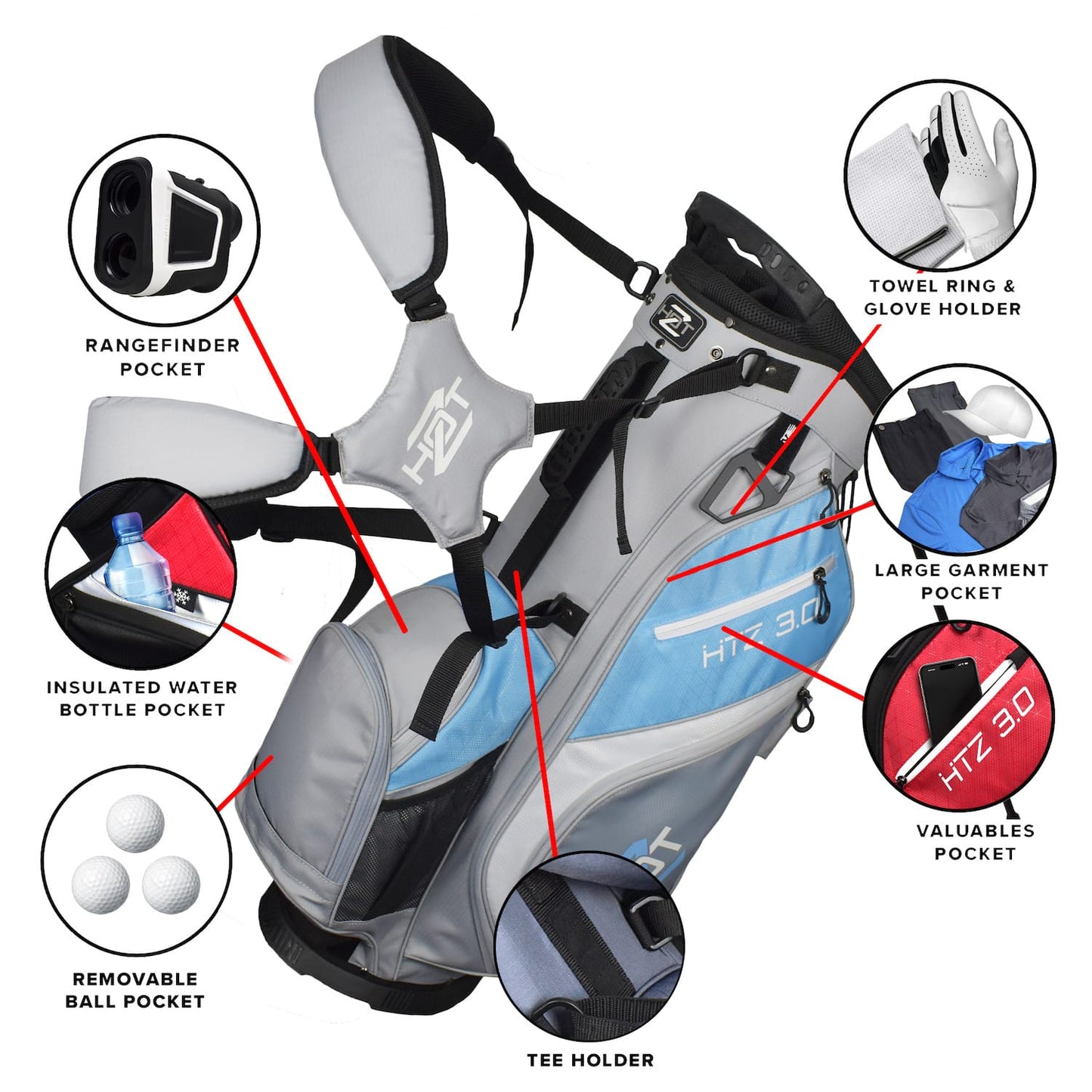 Hot Z 3.0 Golf Bag Stand Bag Light Blue Grey White 14 Way Divider