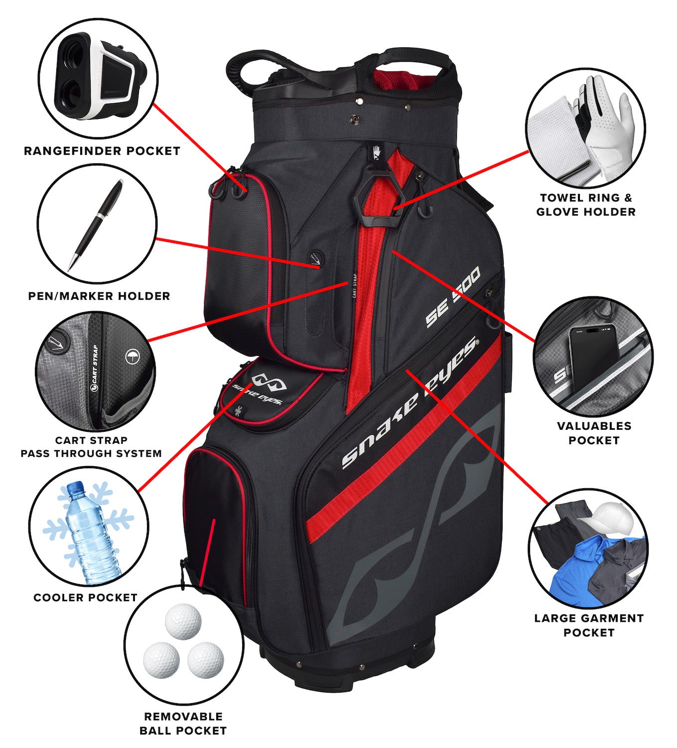 Snake Eyes SE500 Cart Golf Bag 14 Way Divider Black Red