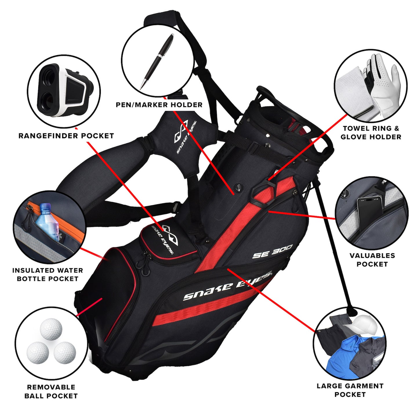 Snake Eyes SE300 Hybrid Stand Golf Bag 14 Way Divider Black Red