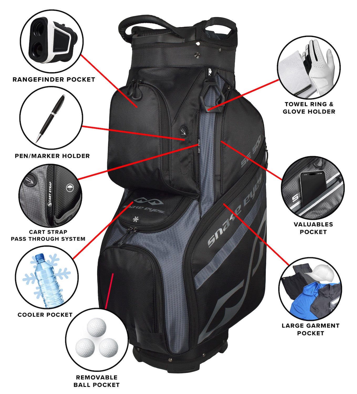 Snake Eyes SE500 Cart Golf Bag 14 Way Divider Black Grey