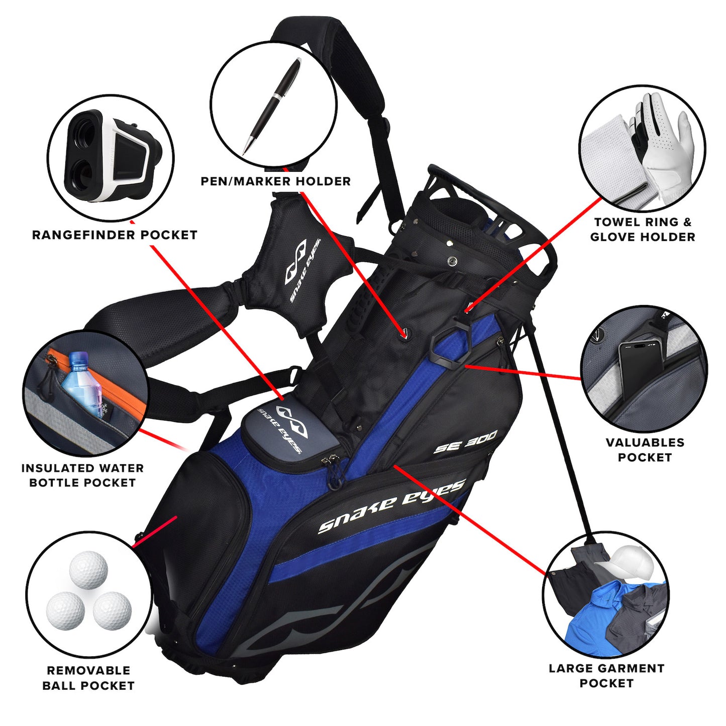 Snake Eyes SE300 Hybrid Stand Golf Bag 14 Way Divider Black Blue Grey