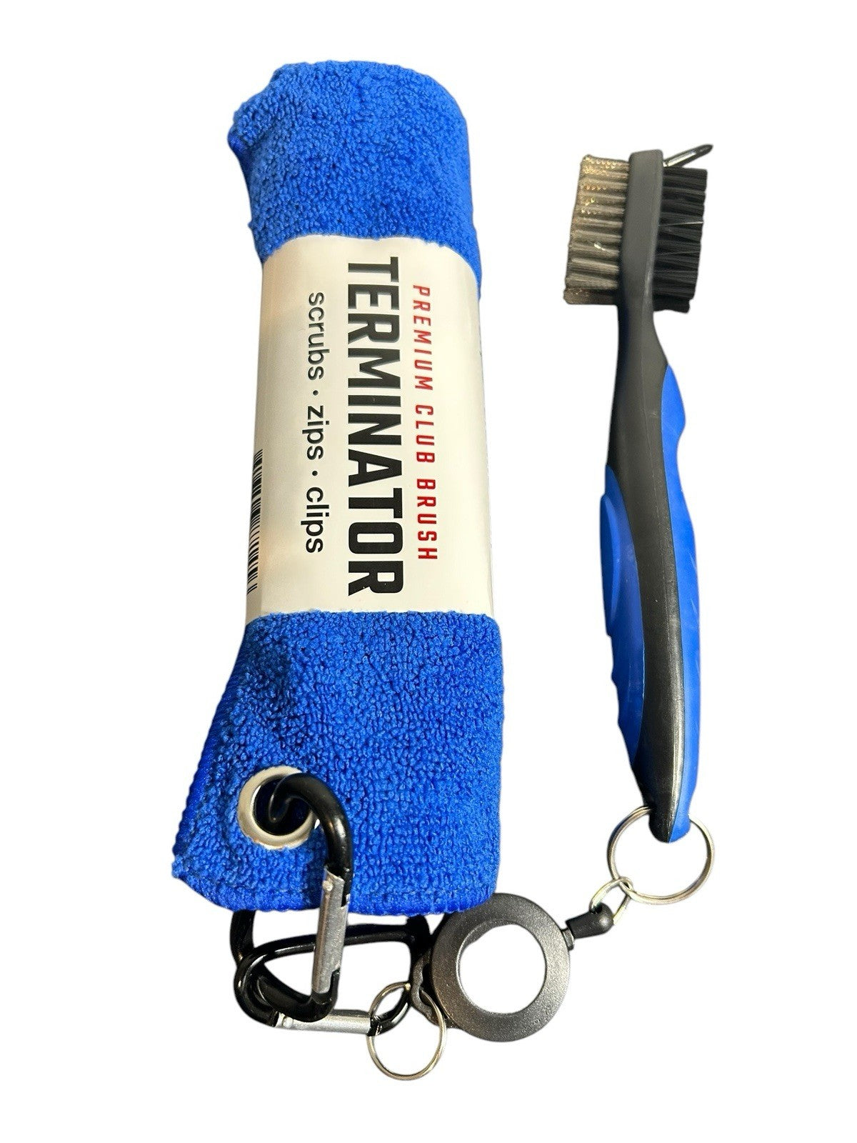 Greens Towel with Premium Terminator Golf Club Brush Blue Microfiber
