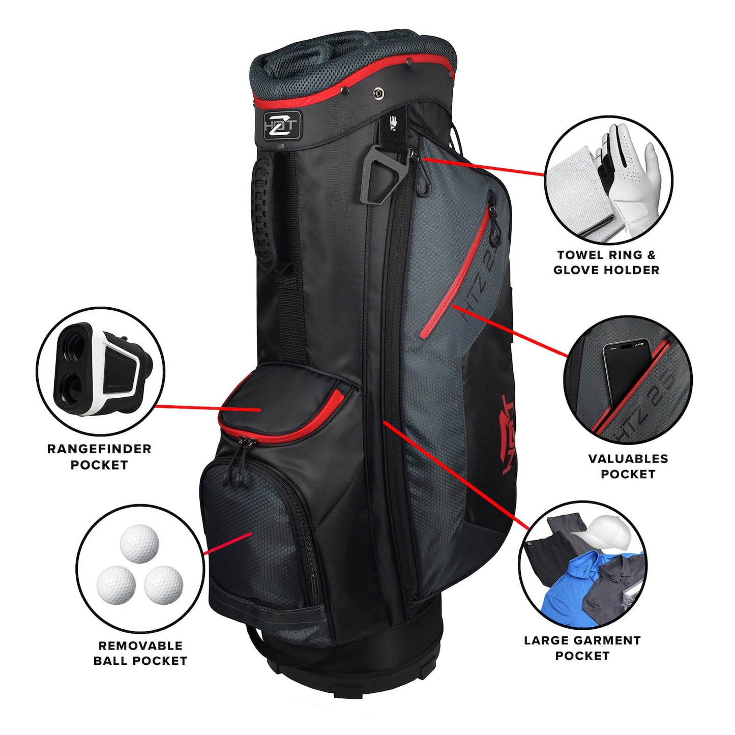 Hot Z Golf 2.5 Cart Bag 14 Way Divider Black Grey Red