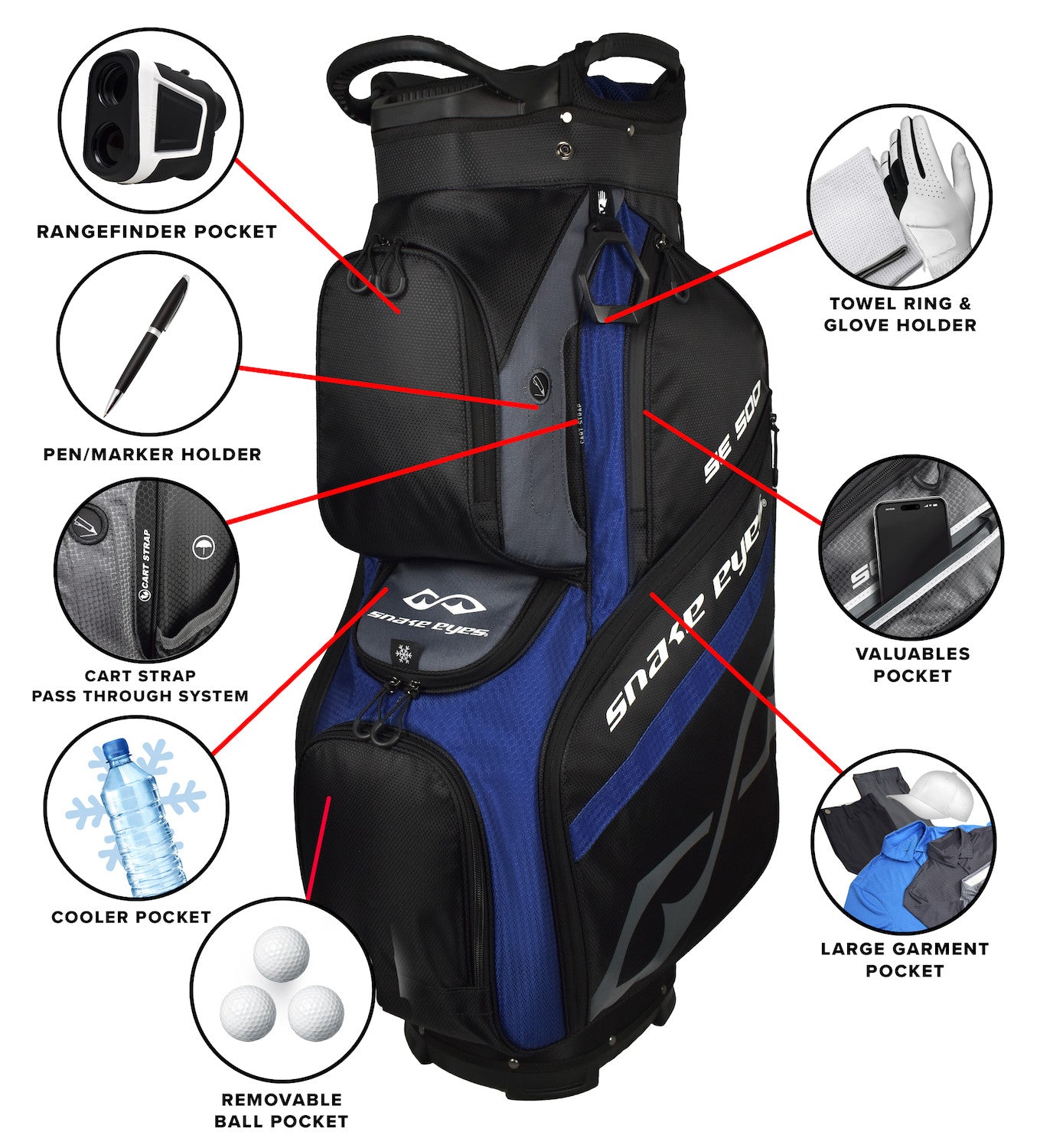 Snake Eyes SE500 Cart Golf Bag 14 Way Divider Black Blue