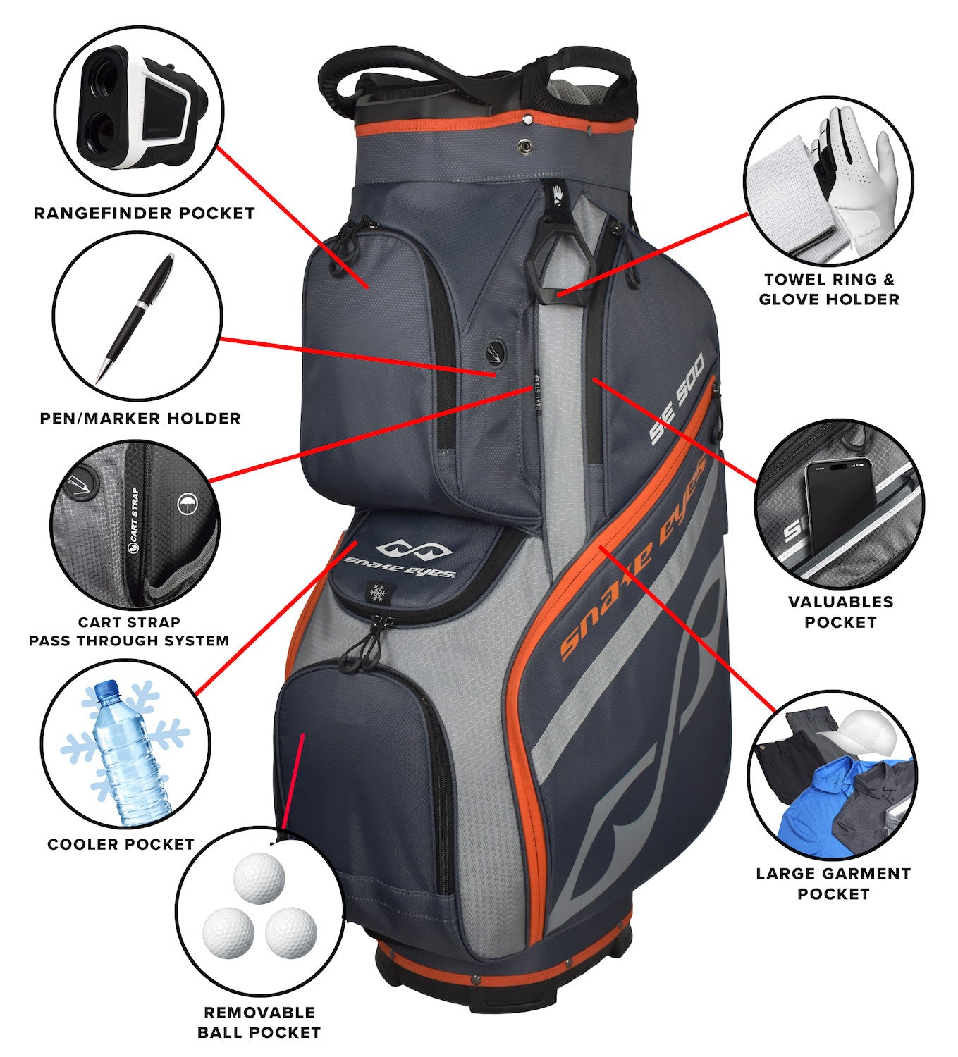 Snake Eyes SE500 Cart Golf Bag 14 Way Divider Grey Orange