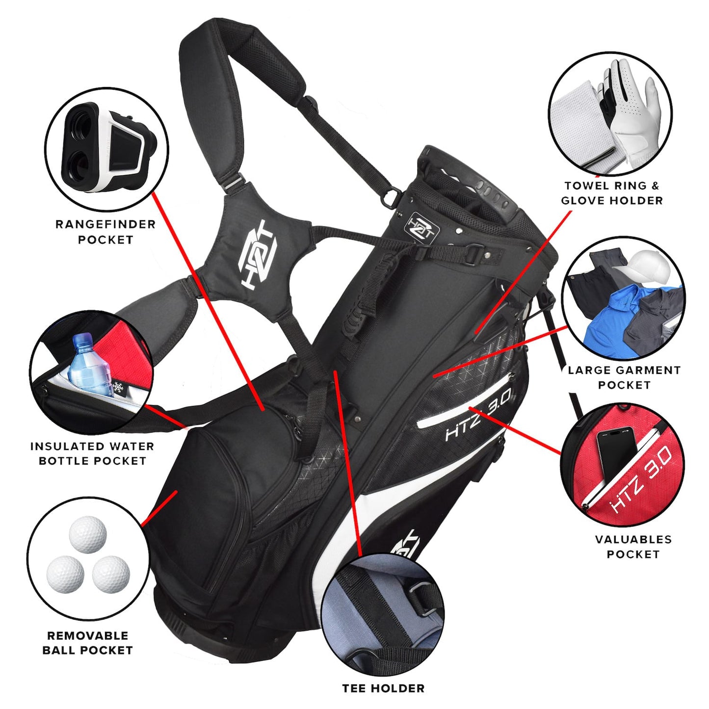 Hot Z 3.0 Golf Bag Stand Bag Black 14 Way Divider