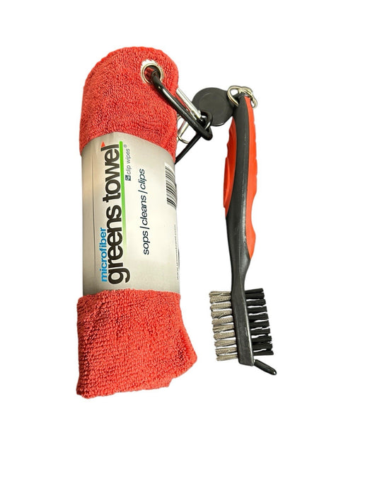 Greens Towel with Premium Terminator Golf Club Brush Red Microfiber 16x16
