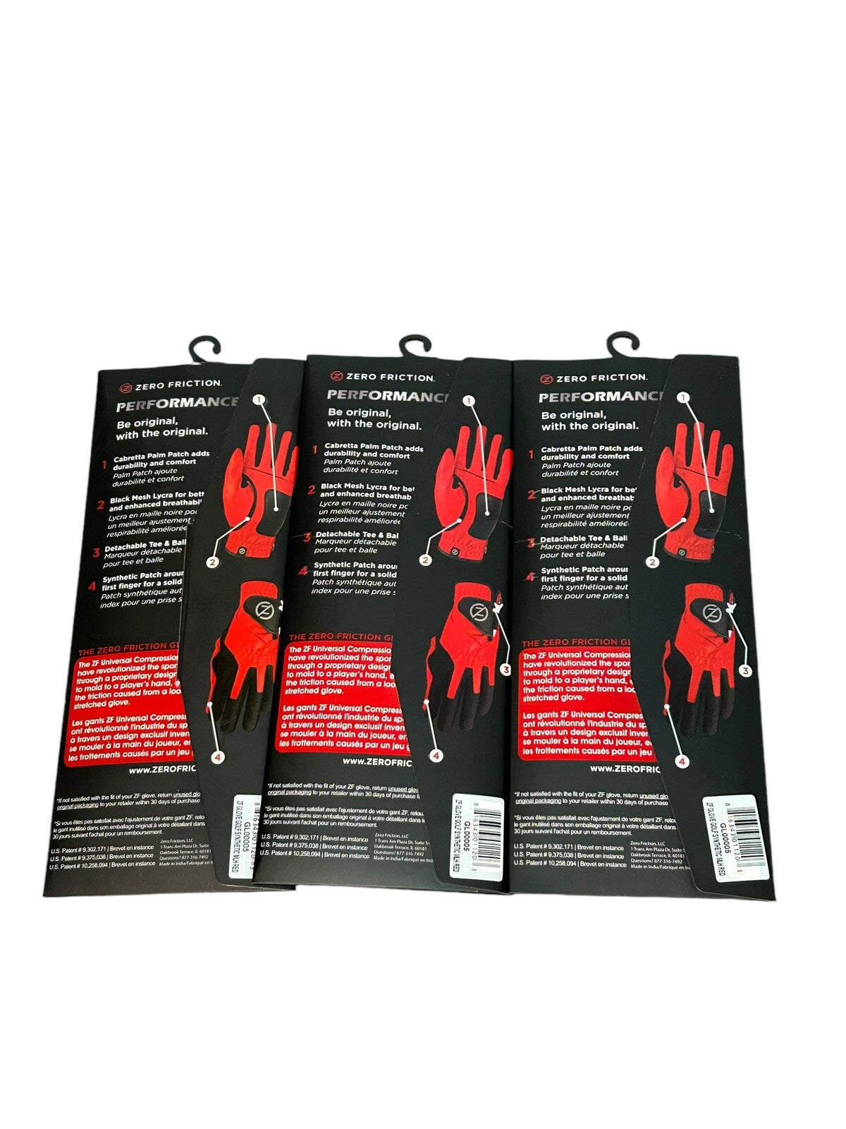 Pack of 3 Zero Friction Golf Gloves Red Compression One Size Men's Left